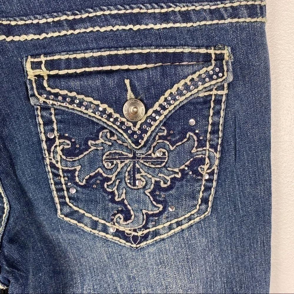 Nine West Boot Cut Denim Jeans‎ Women's 6 Button Flap Bling Pockets Thick Stitch